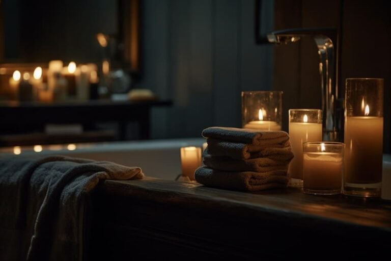 Baño relajante con velas encendidas y toallas
