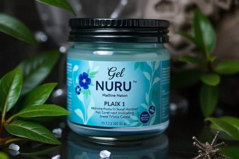 Bote de gel Nuru entre hojas verdes.